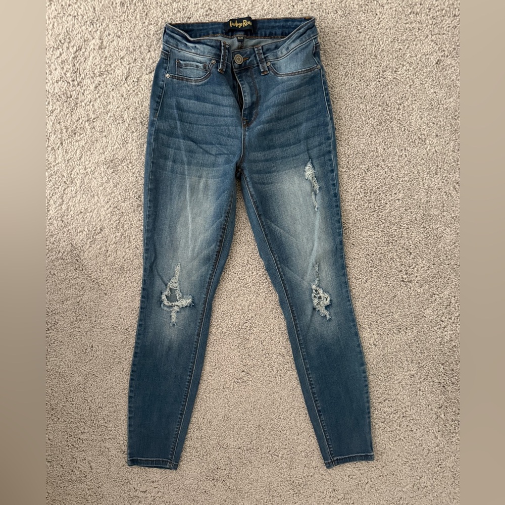 Indigo Rein Women's Skinny Ripped Jeans - Medium Blue